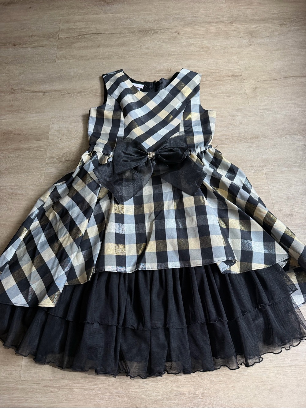 Bonnie Jean Black Gold plaid holiday Party dress Girls SZ 14